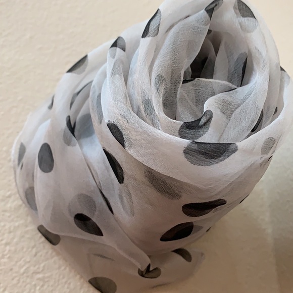 Black Polka Dot White Fine Silk Scarf - Picture 8 of 14